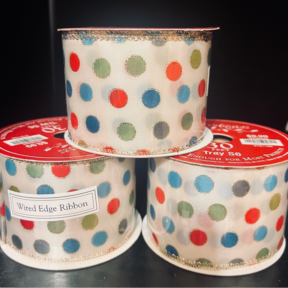 Polka Dot Wired Edge Wide Ribbon 3 Rolls